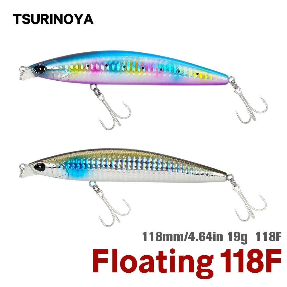 Fishing Lure Jerkbait - Tsurinoya-浅い範囲のフローティングミノー、ロングキャスティングジャークベイト、塩水釣り、大きなハードベイトウォブラー、dw95 118f、118mm、19g